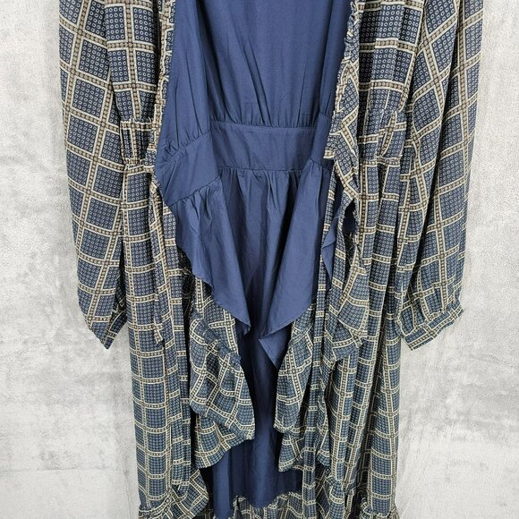 dRA Los Angeles Cicero Wrap Dress S Blue Brown Ruffled Lined Long Sleeve Retro - Picture 9 of 15